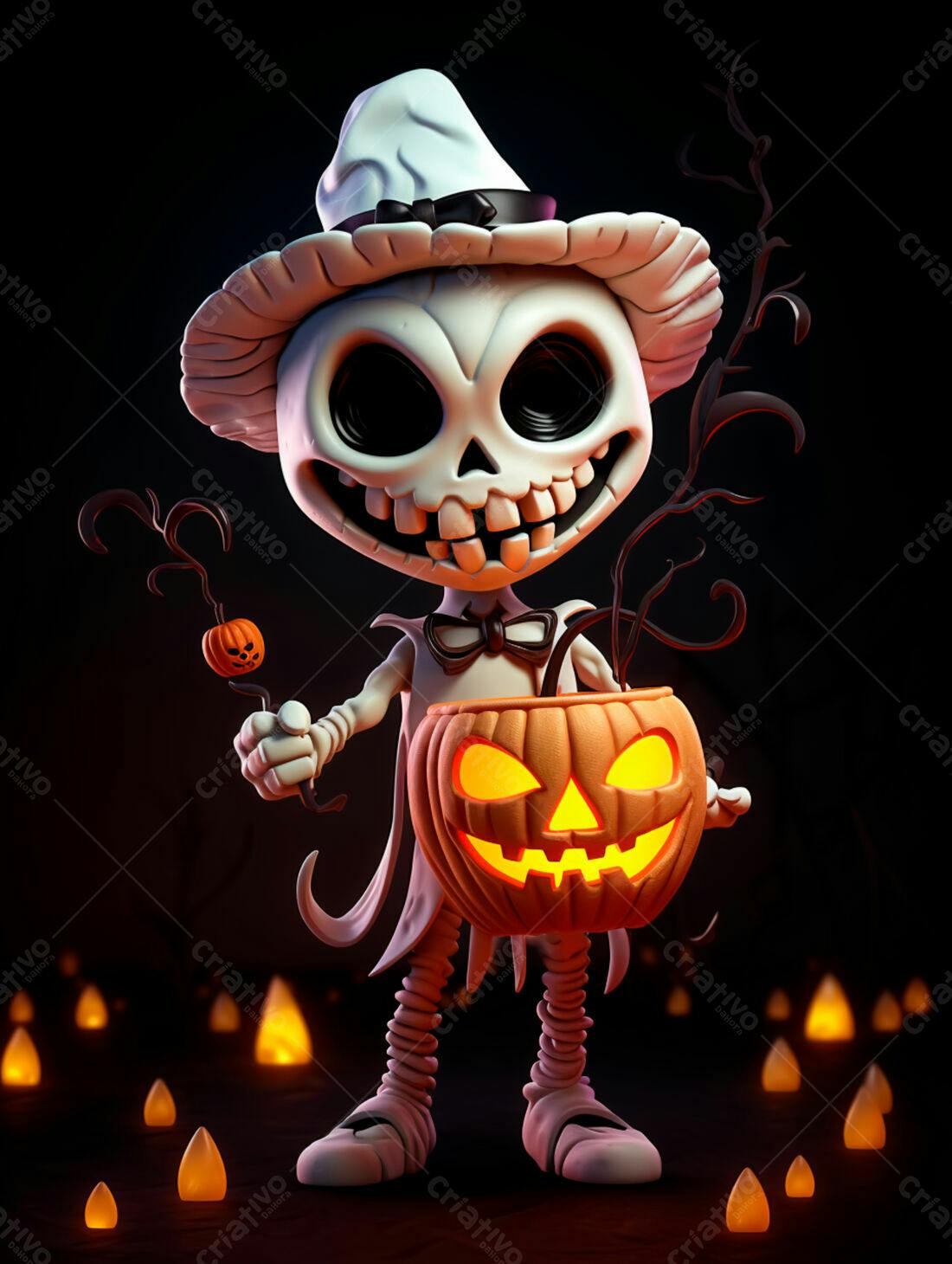 Esqueleto fofo com abóbora no Halloween
