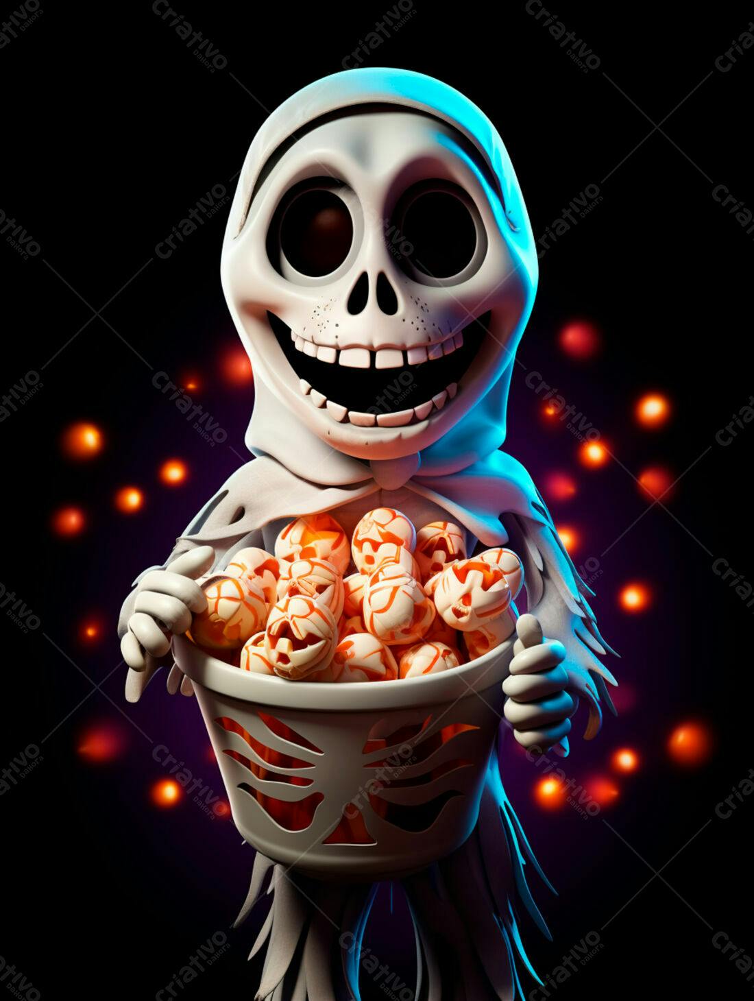 Fantasma fofo com balde de doces de Halloween