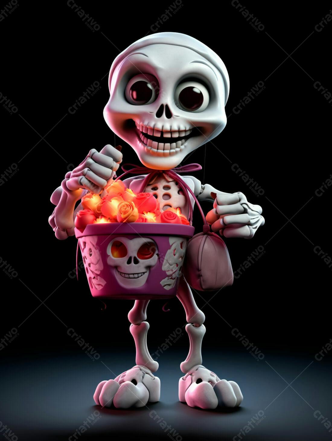 Esqueleto fofo com balde de rosas para o Halloween