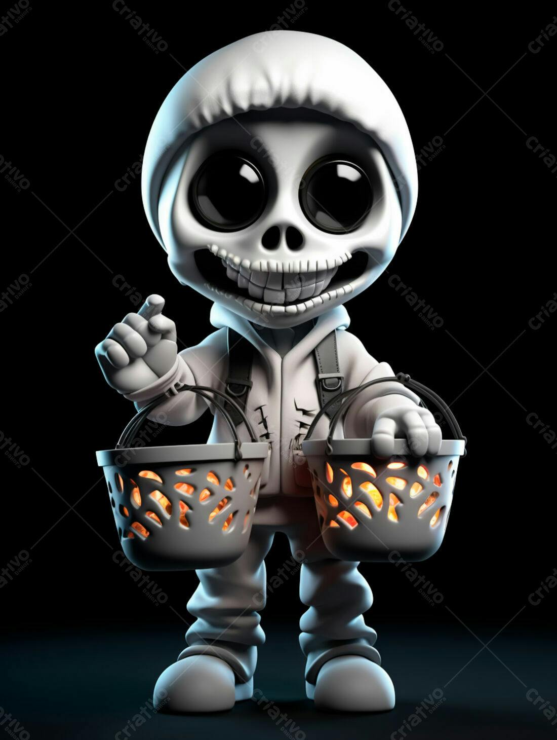 Esqueleto fofo com cestinhas de Halloween