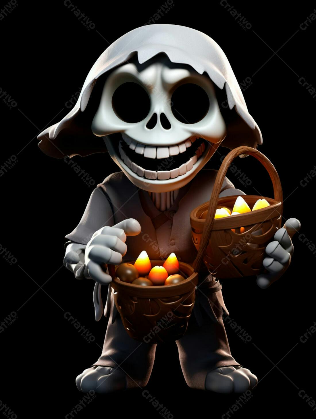 Esqueleto fofo com cestinhas de doces de Halloween
