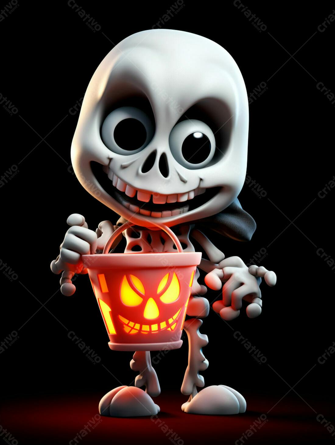 Esqueleto fofo com balde de doces Halloween