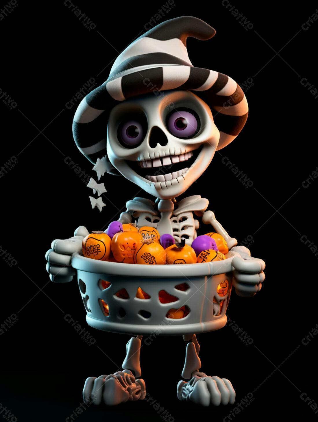 Esqueleto feliz com cesta de doces