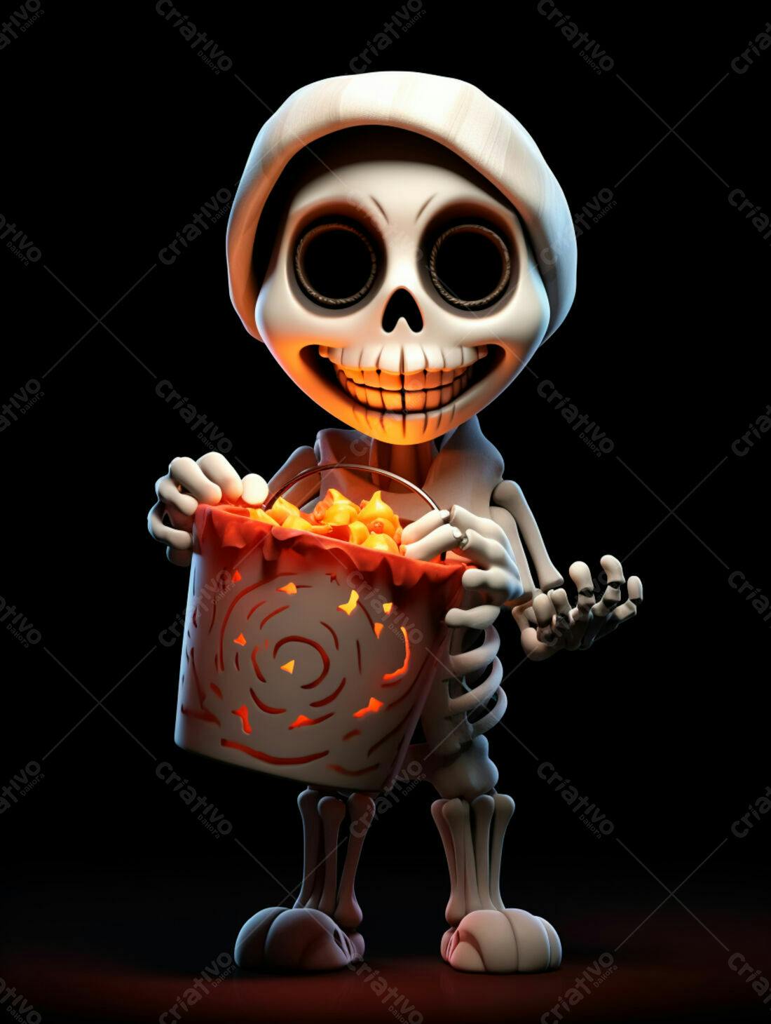 Esqueleto fofo com balde de doces Halloween