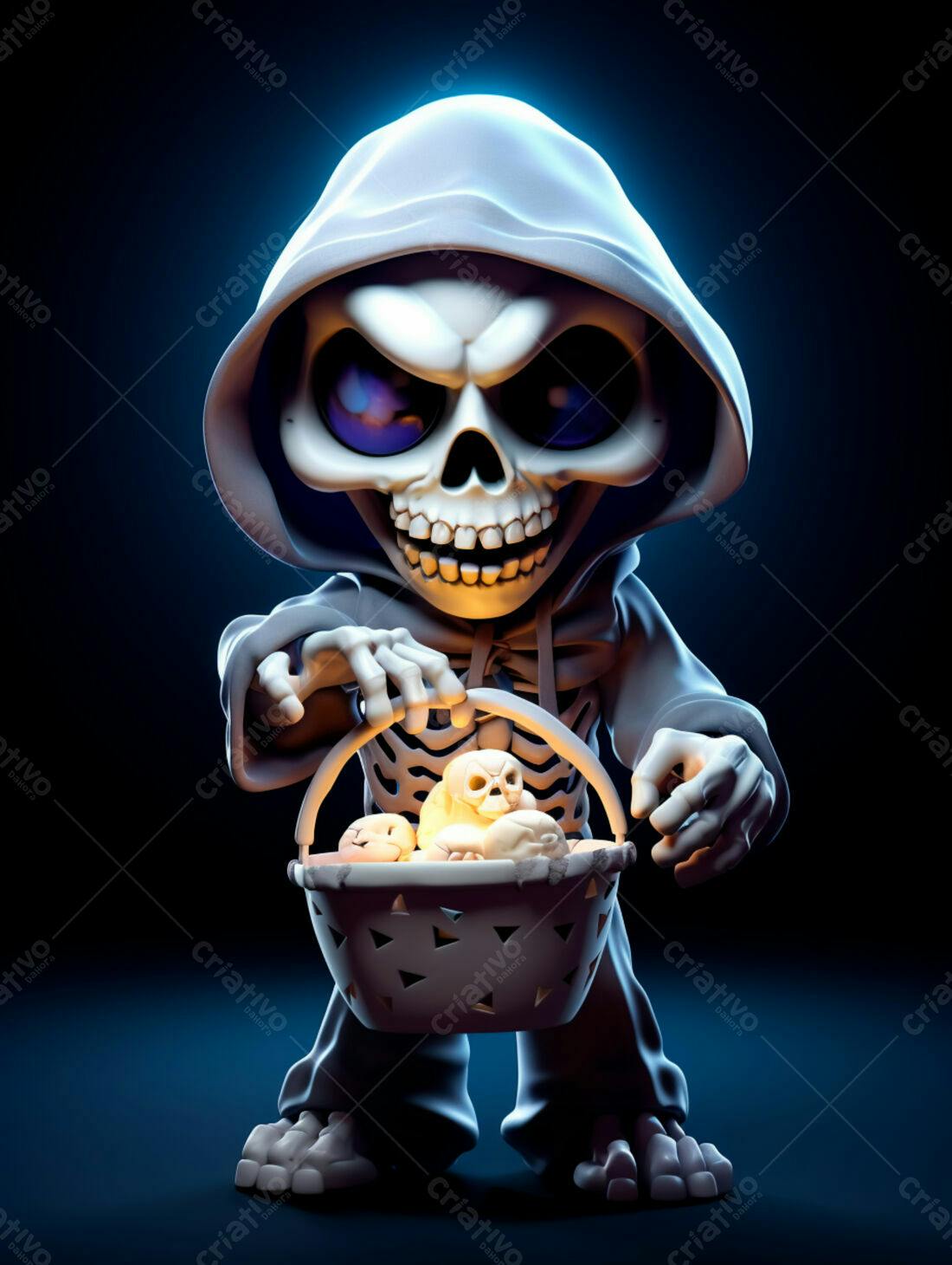 Esqueleto fofo com cesta de doces para o Halloween