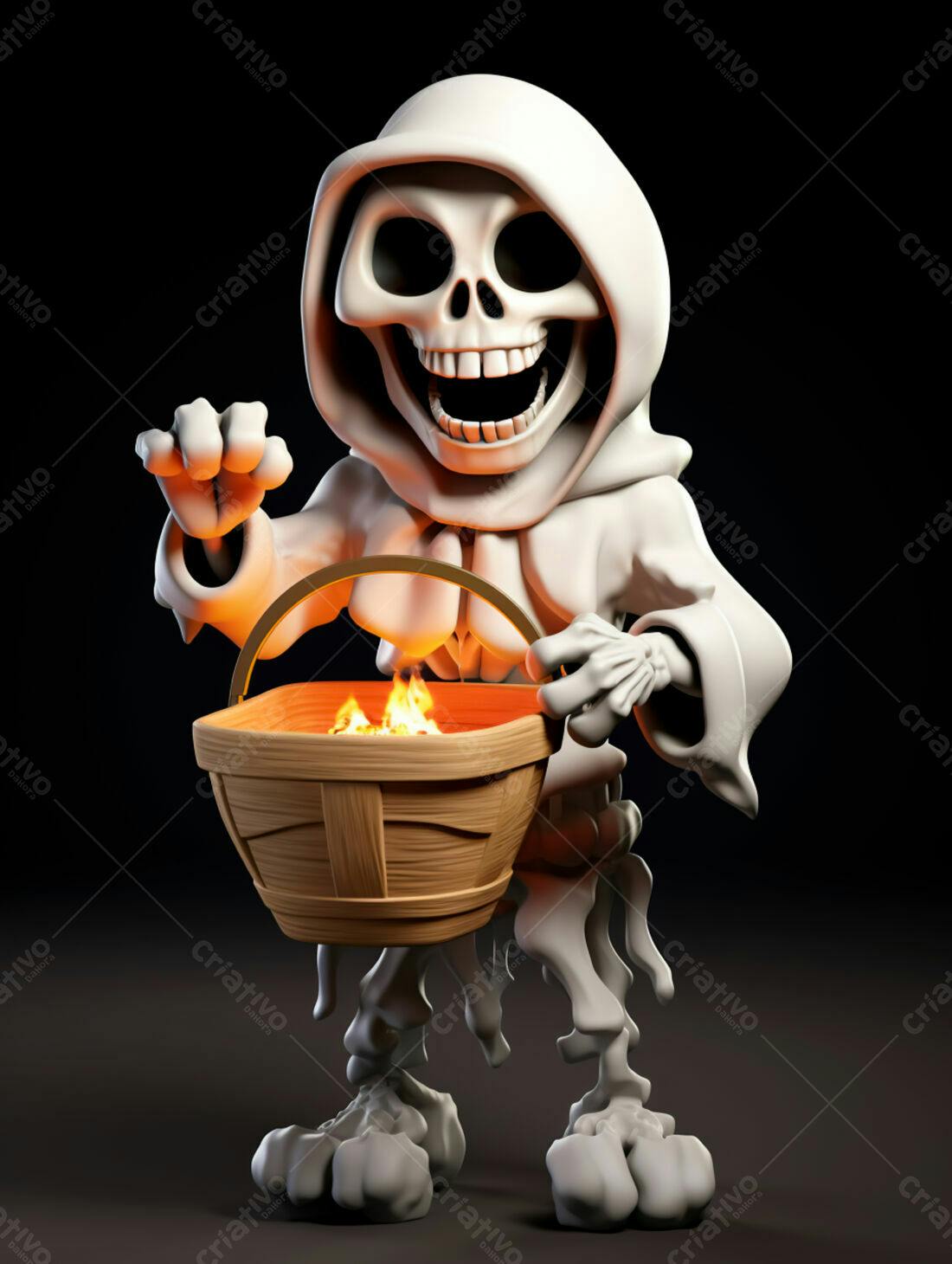 Fantasma fofo com cesta de fogo para Halloween