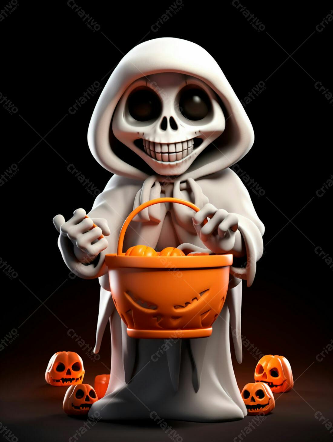 Fantasma fofo com balde de doces Halloween