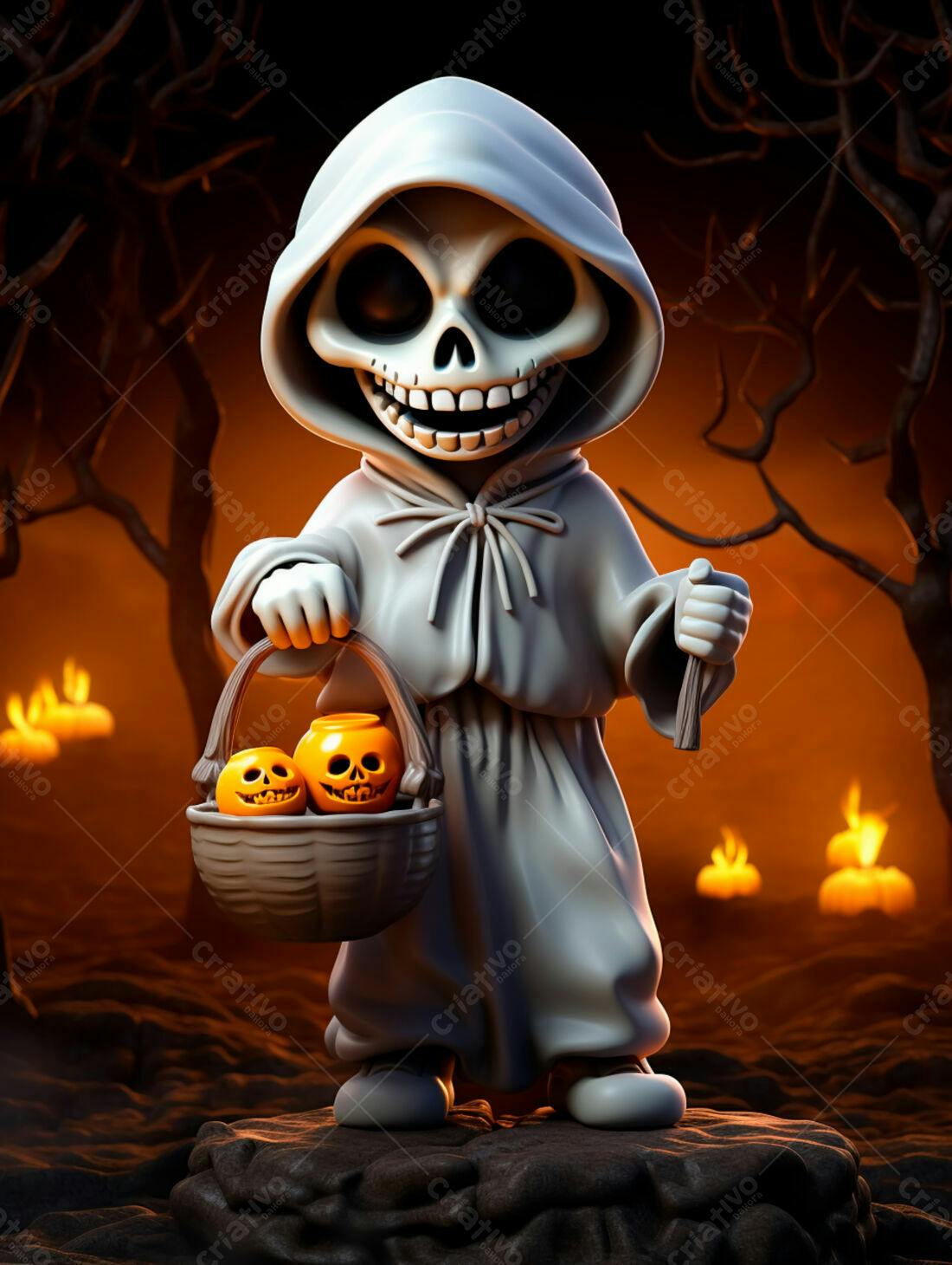 Fantasma fofo com cestinha de doces Halloween
