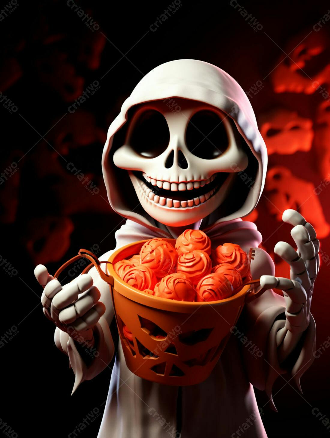 Fantasma fofo com balde de doces Halloween