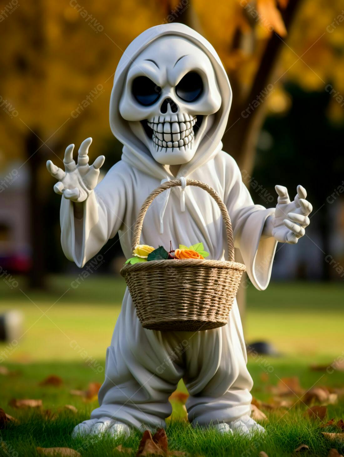 Fantasma de Halloween com cesta de flores