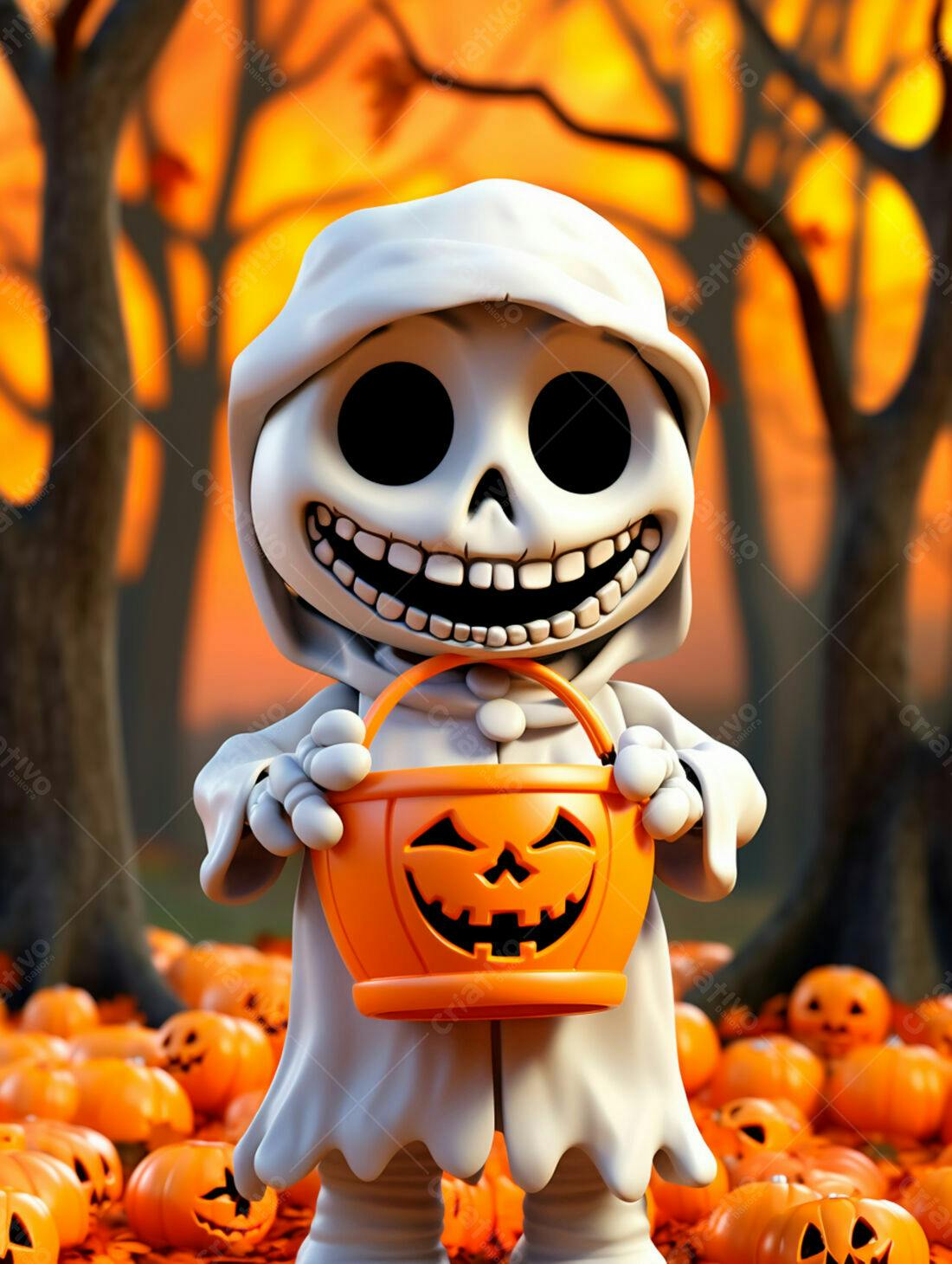 Fantasma fofo com balde de doces no Halloween