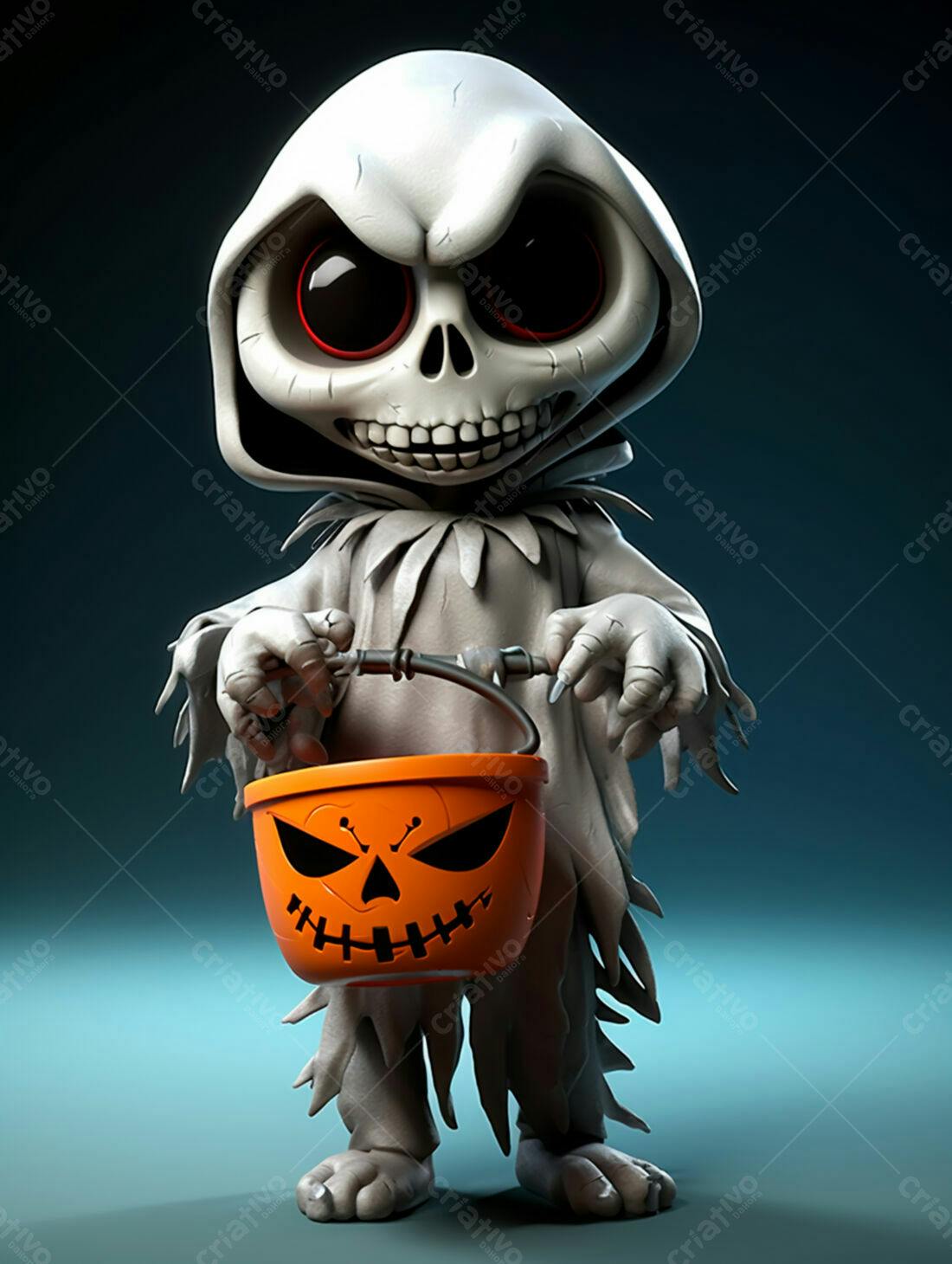 Fantasma fofo com balde de doces Halloween