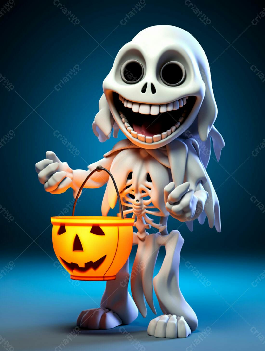 Esqueleto fofo com abóbora no Halloween