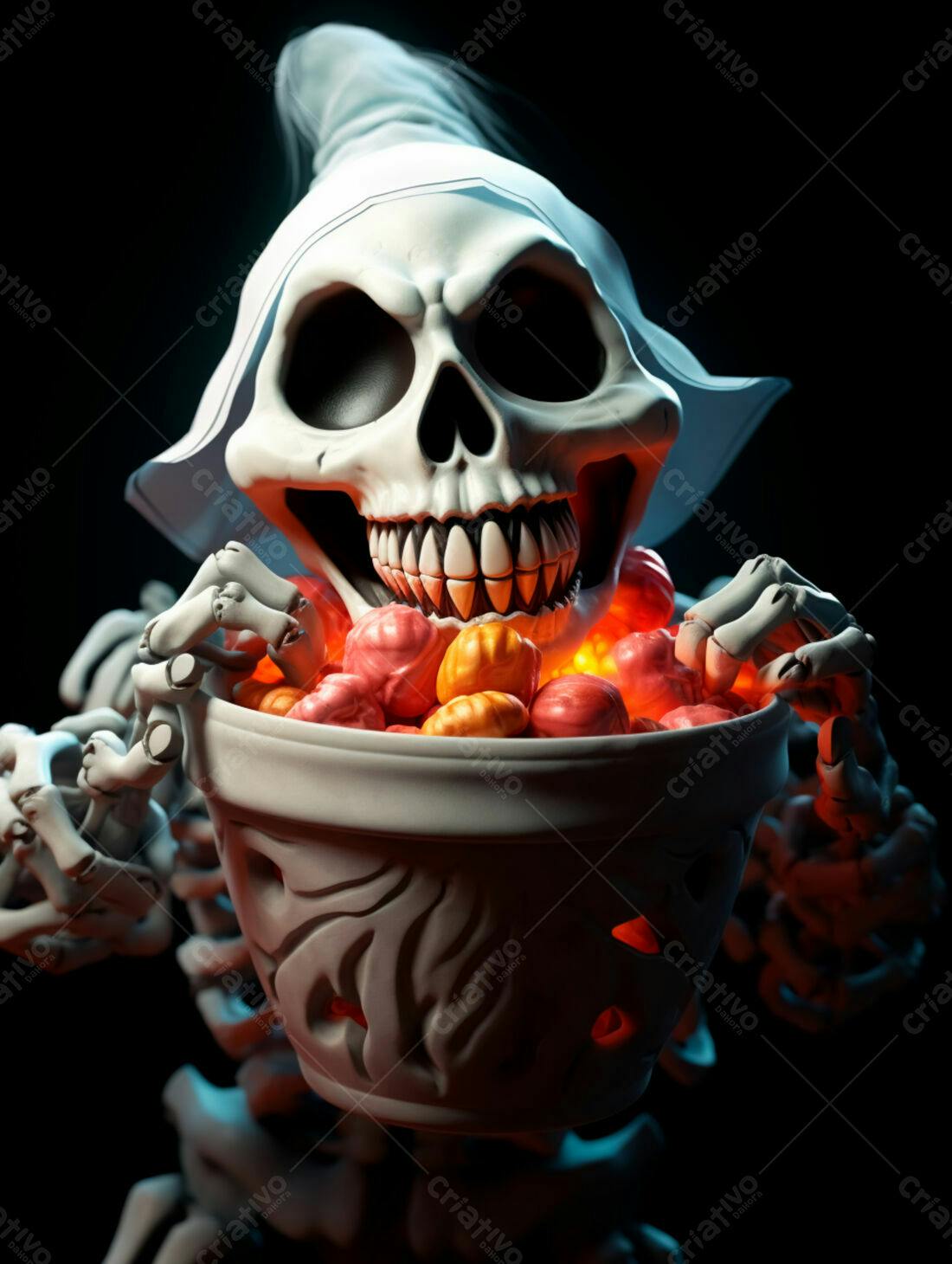 Esqueleto com doces de Halloween