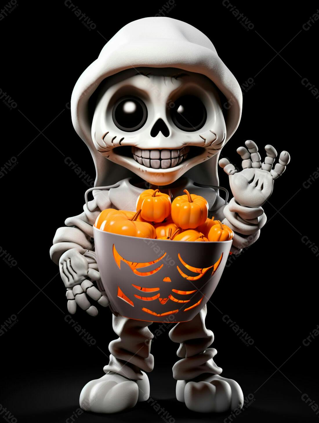 Esqueleto fofo com abóboras no Halloween