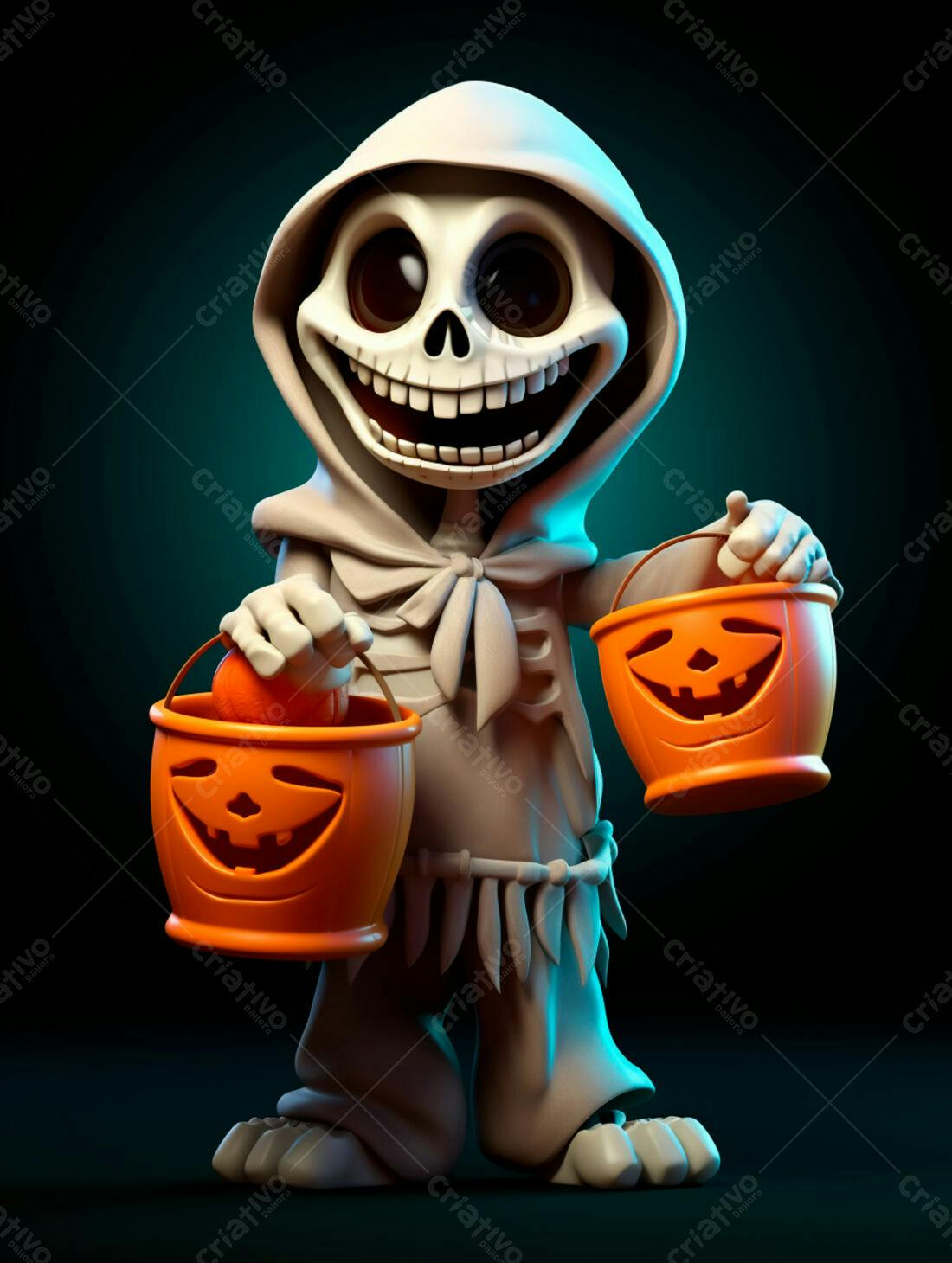 Esqueleto fofo com baldes de doces de Halloween
