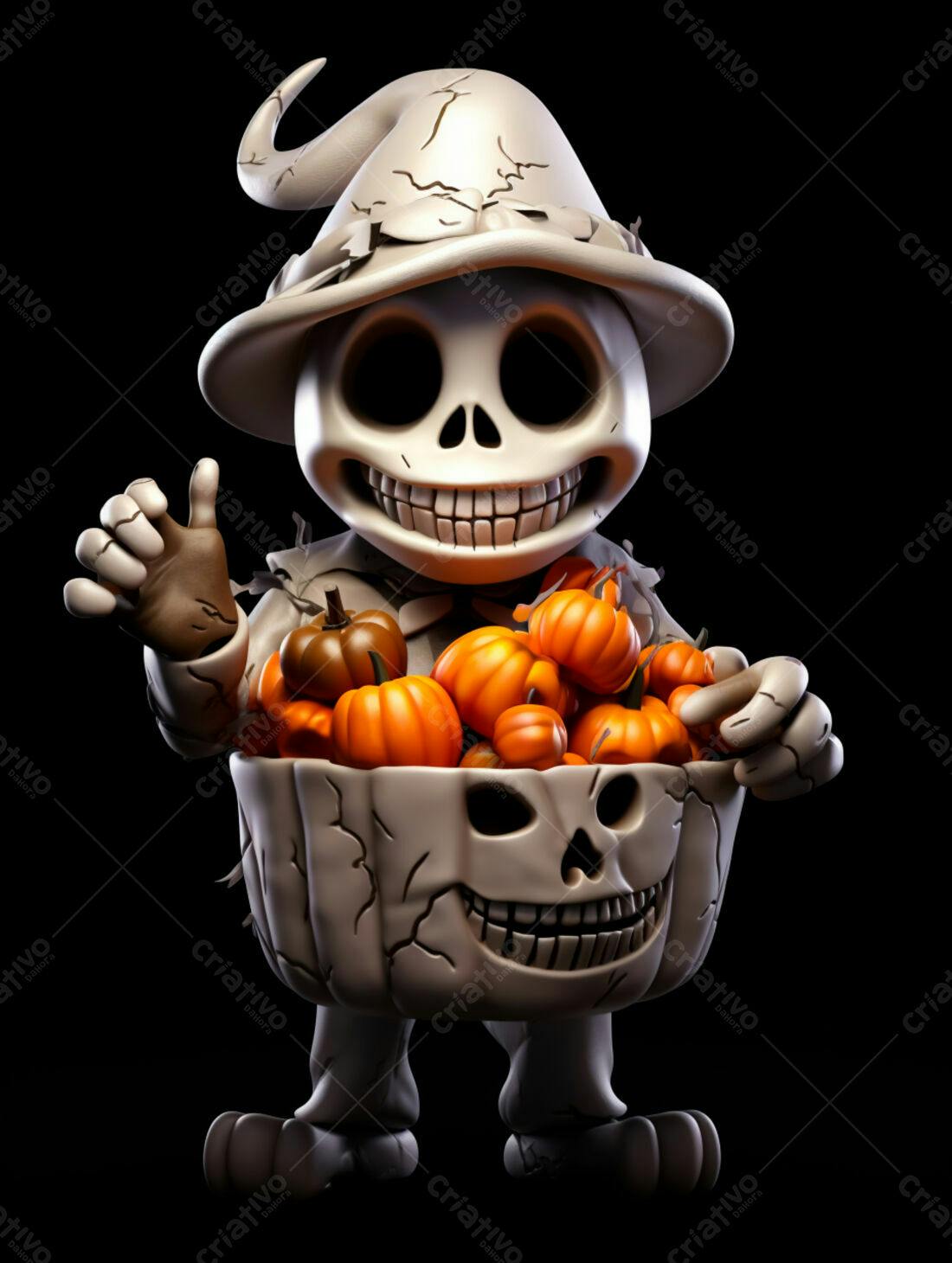 Esqueleto fofo com abóboras no Halloween