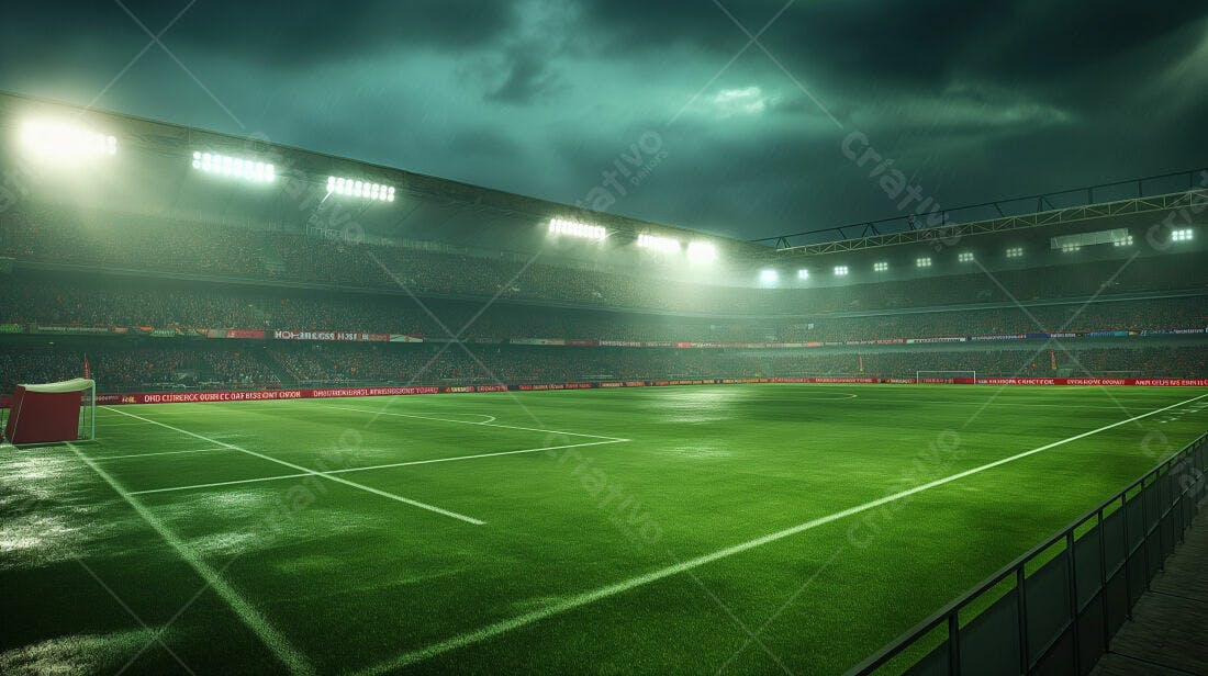 Estádio de futebol sob chuva noturna