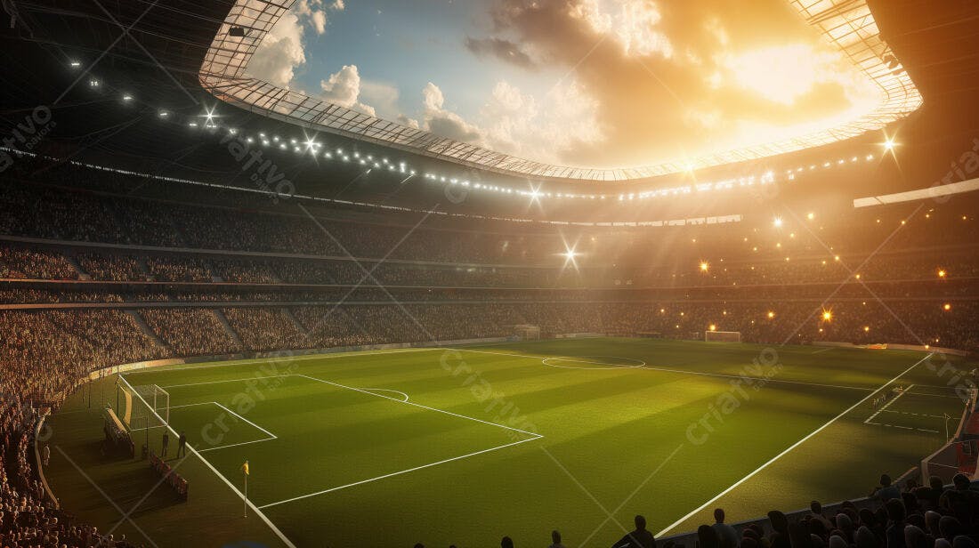 Estádio de futebol lotado ao entardecer