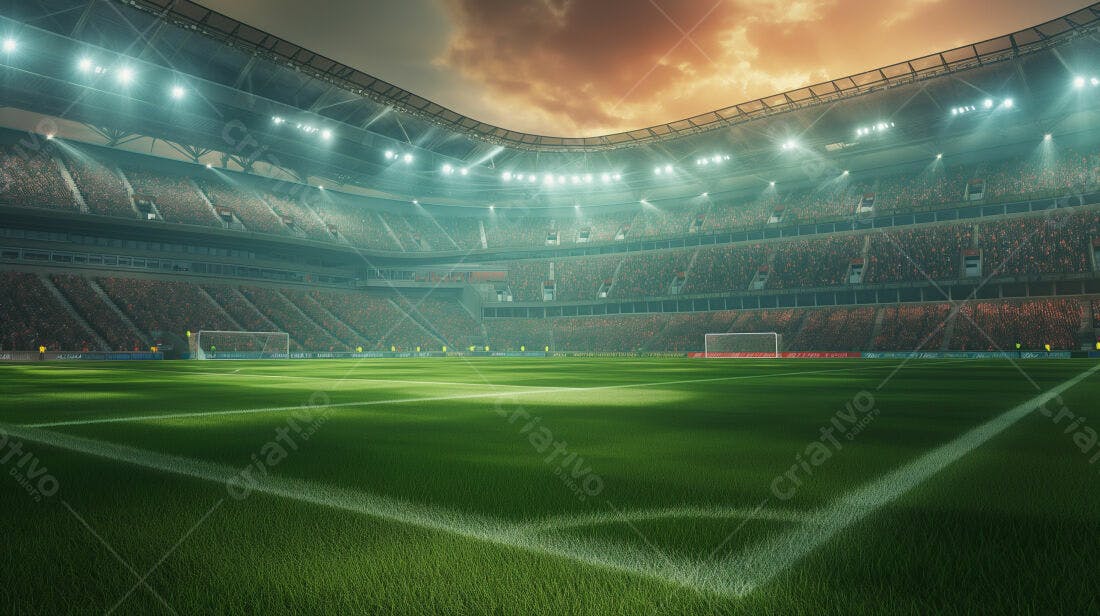 Estádio de futebol iluminado ao entardecer