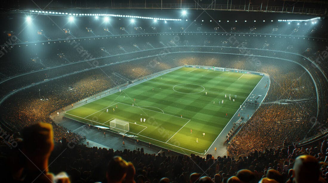 Jogo de futebol noturno em estádio lotado