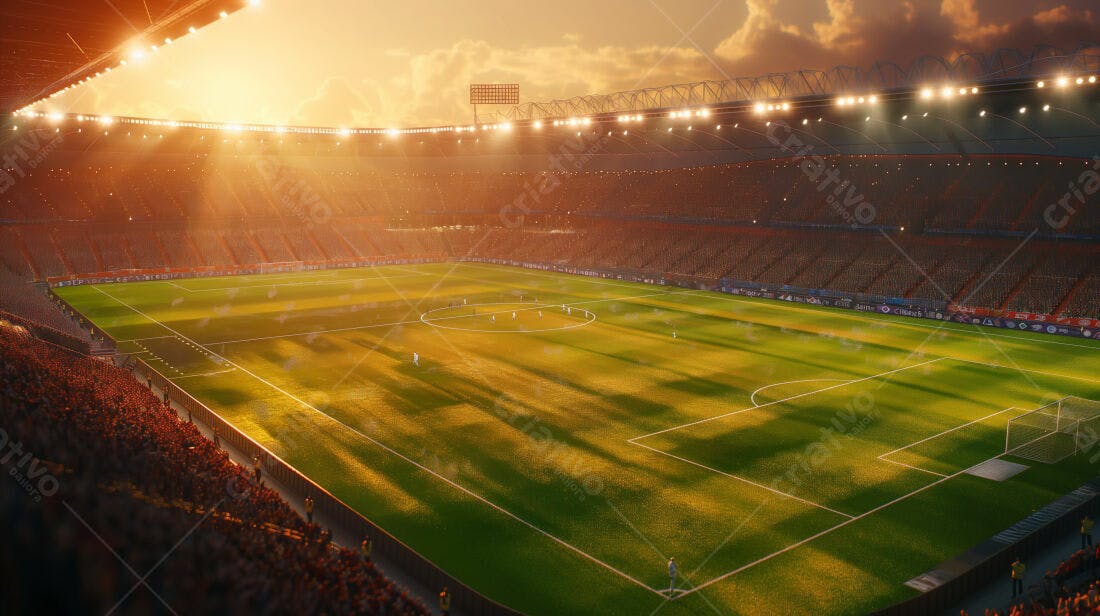 Estádio de futebol lotado ao pôr do sol