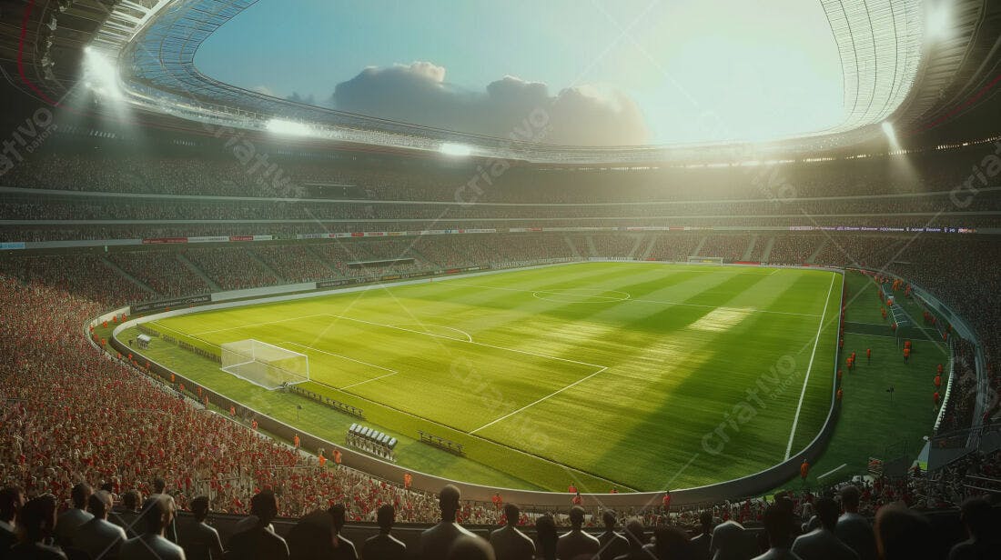 Estádio de futebol lotado ao entardecer