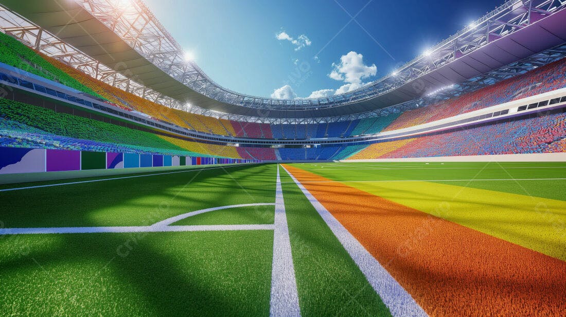 Estádio colorido com campo de futebol