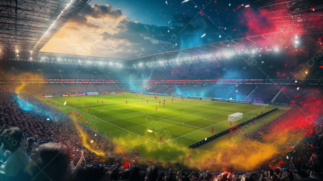 Estádio de futebol lotado com torcida vibrante