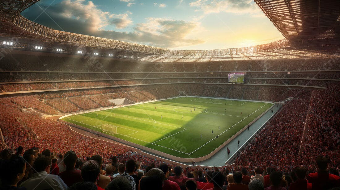 Estádio lotado em jogo de futebol ao entardecer
