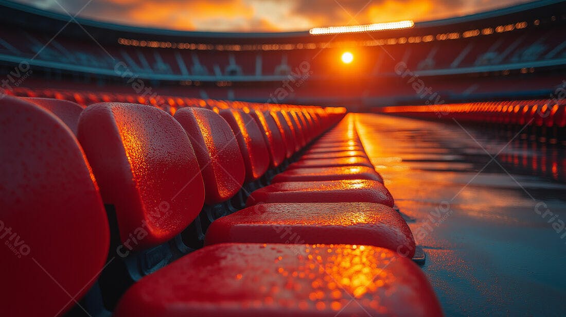 Assentos molhados ao entardecer no estádio