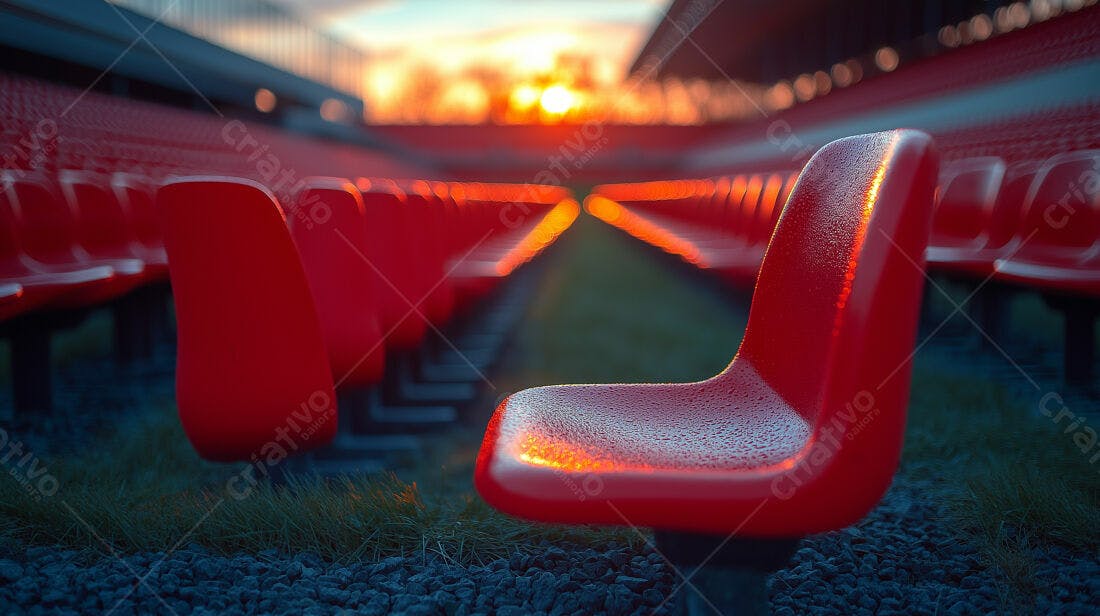 Cadeiras vazias em estádio ao entardecer
