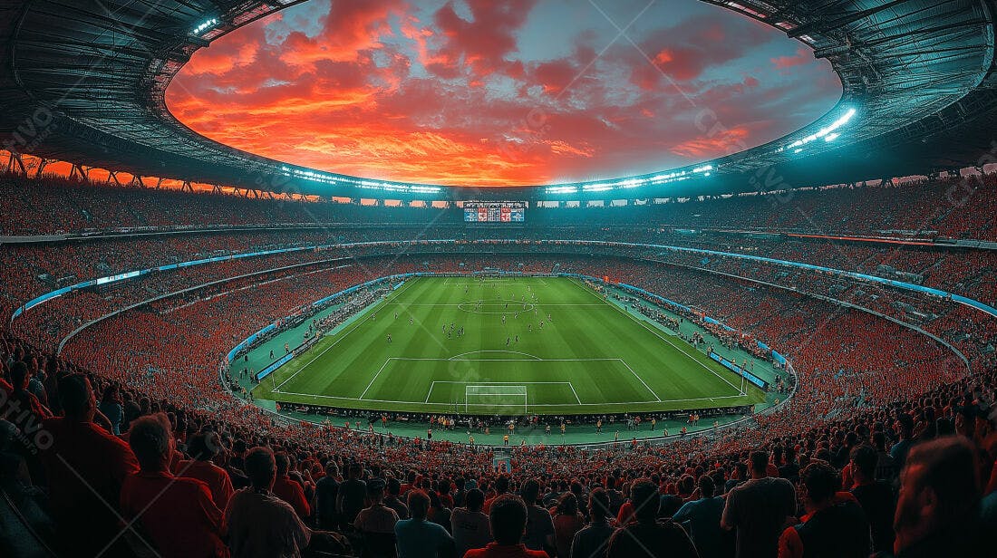 Estádio lotado ao pôr do sol