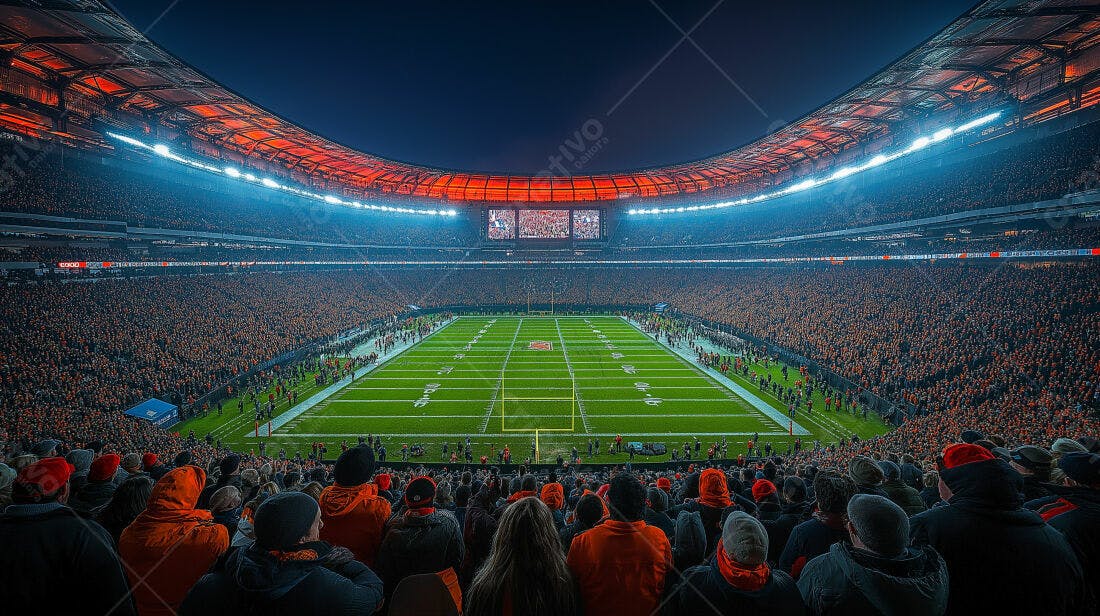 Estádio lotado em jogo noturno de futebol americano