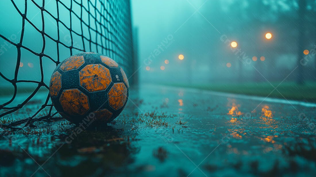 Bola de futebol molhada em campo chuvoso