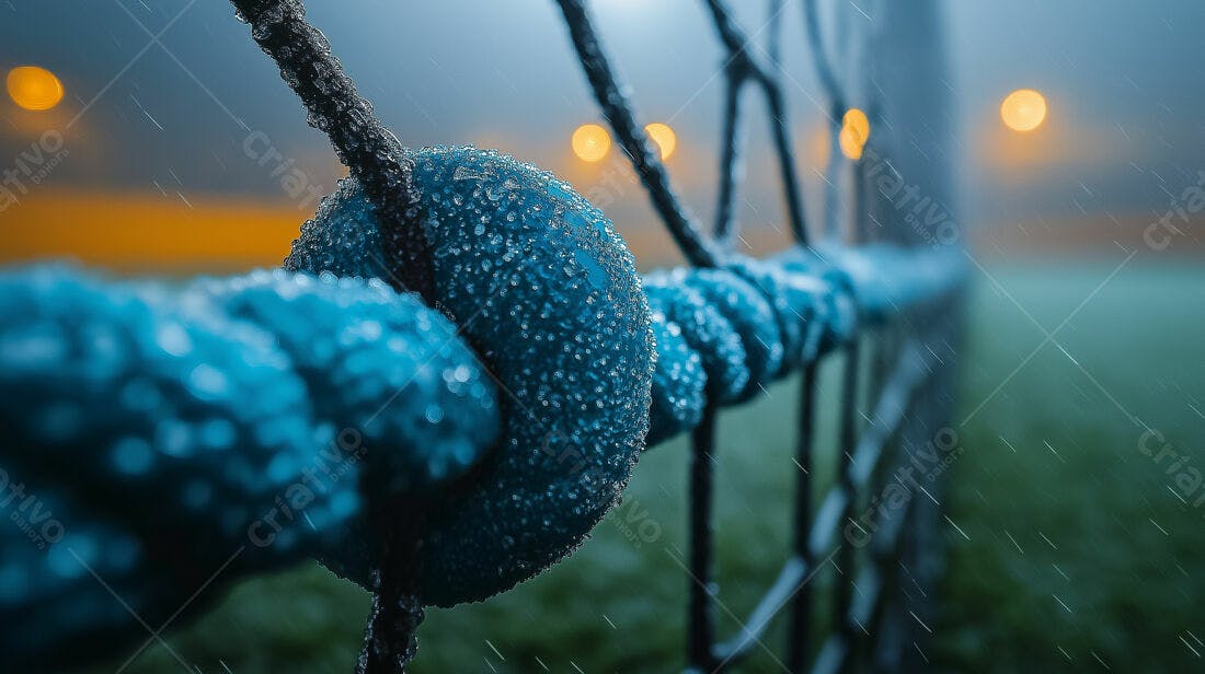Goteiras em rede de gol sob chuva