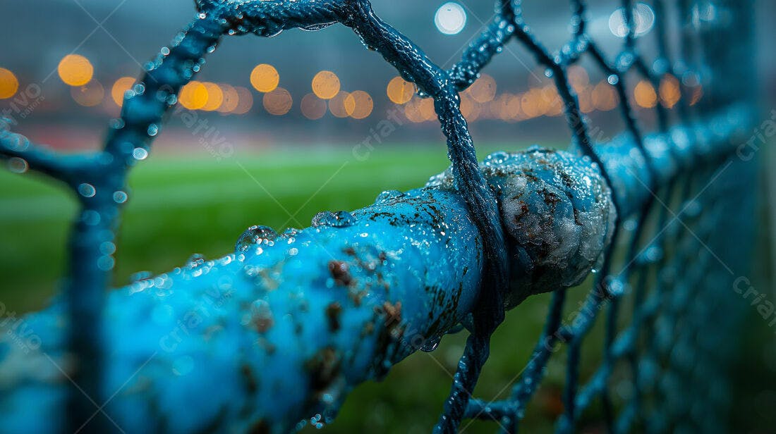 Gota d'água em alambrado azul após chuva