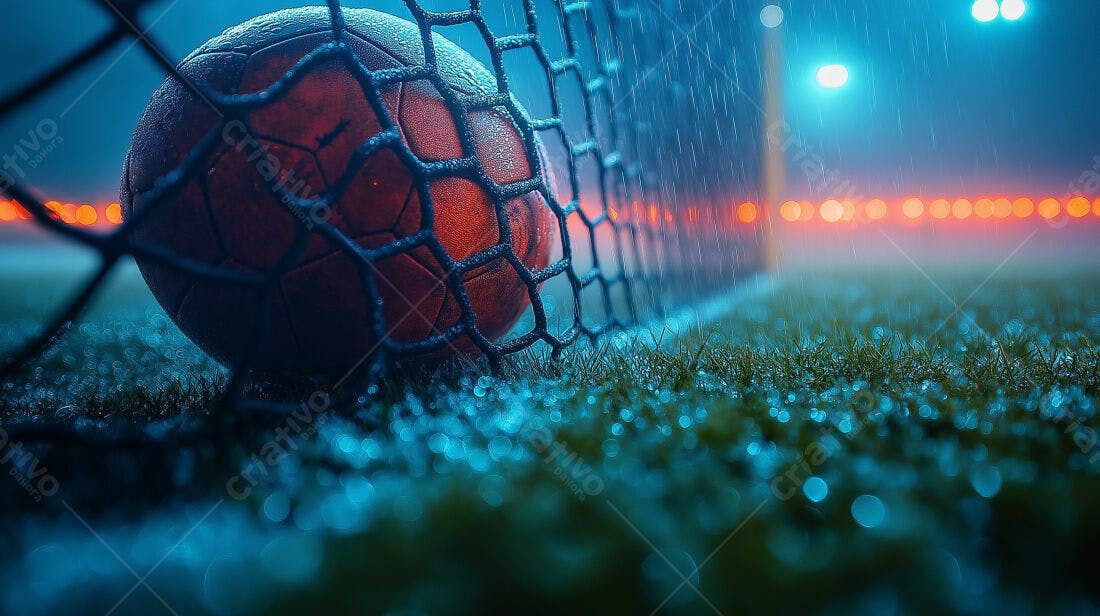 Bola de futebol na chuva noturna