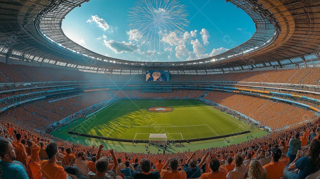 Estádio lotado torcedores laranja show pirotecnia
