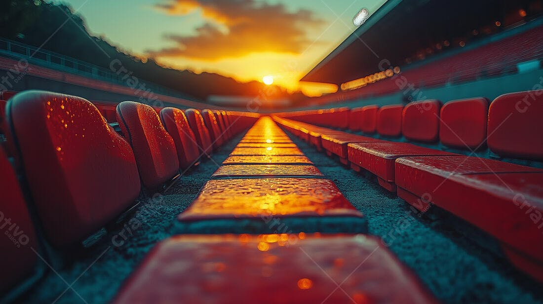 Assentos molhados no estádio ao pôr do sol