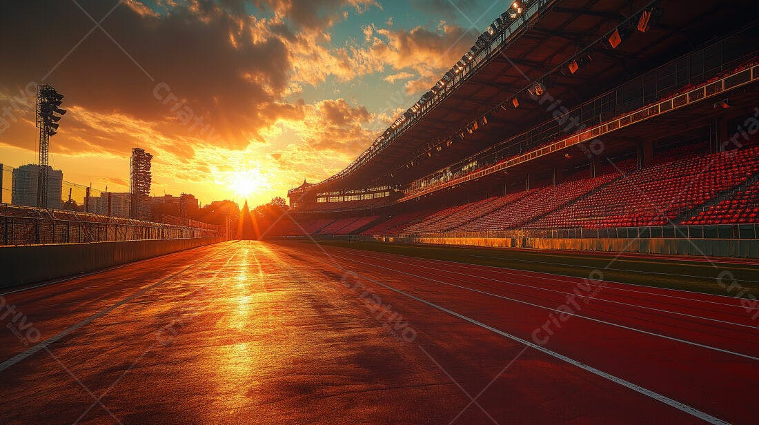 Pista de corrida ao entardecer num estádio
