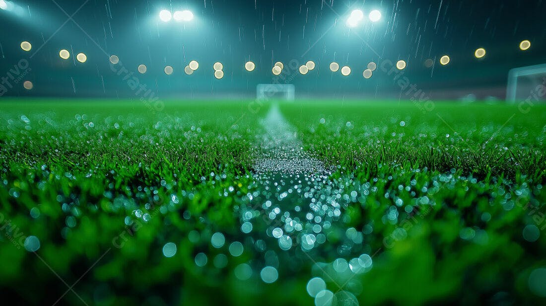 Campo de futebol sob chuva noturna
