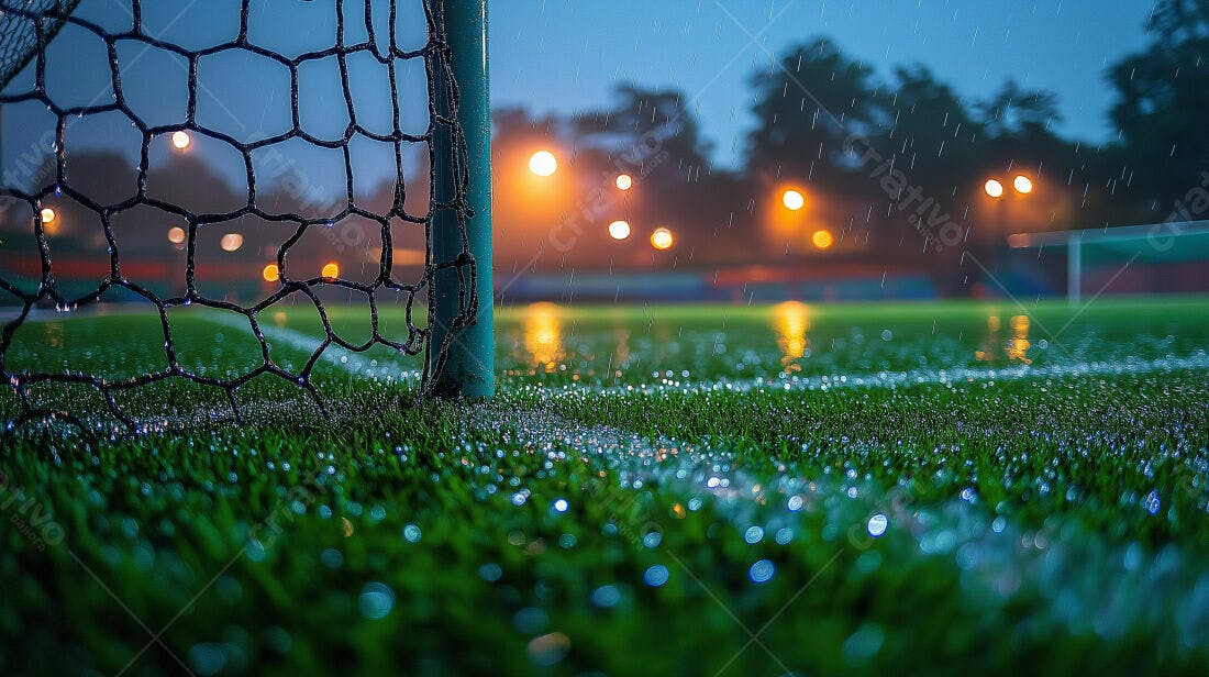 Gol de futebol sob chuva noturna