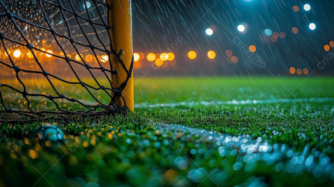 Gol de futebol sob chuva noturna