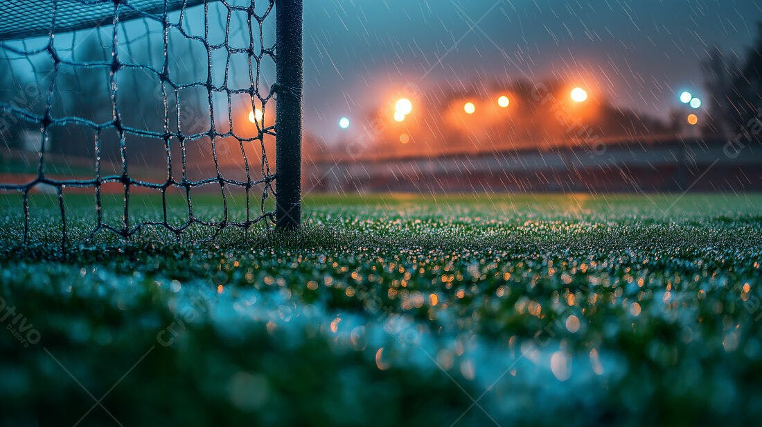 Gol sob Chuva Noturna Campo de Futebol