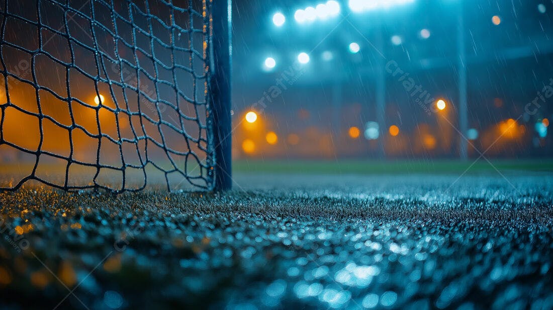 Gol sob chuva noturna campo iluminado