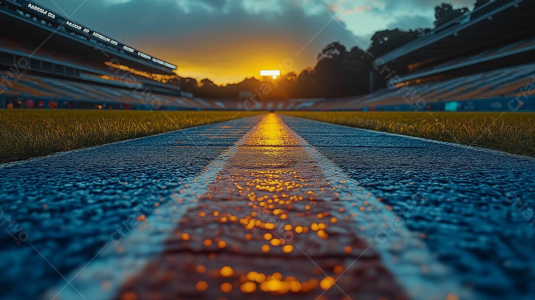 Pista de corrida molhada ao entardecer