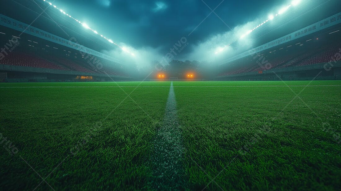 Campo de futebol noturno sob neblina