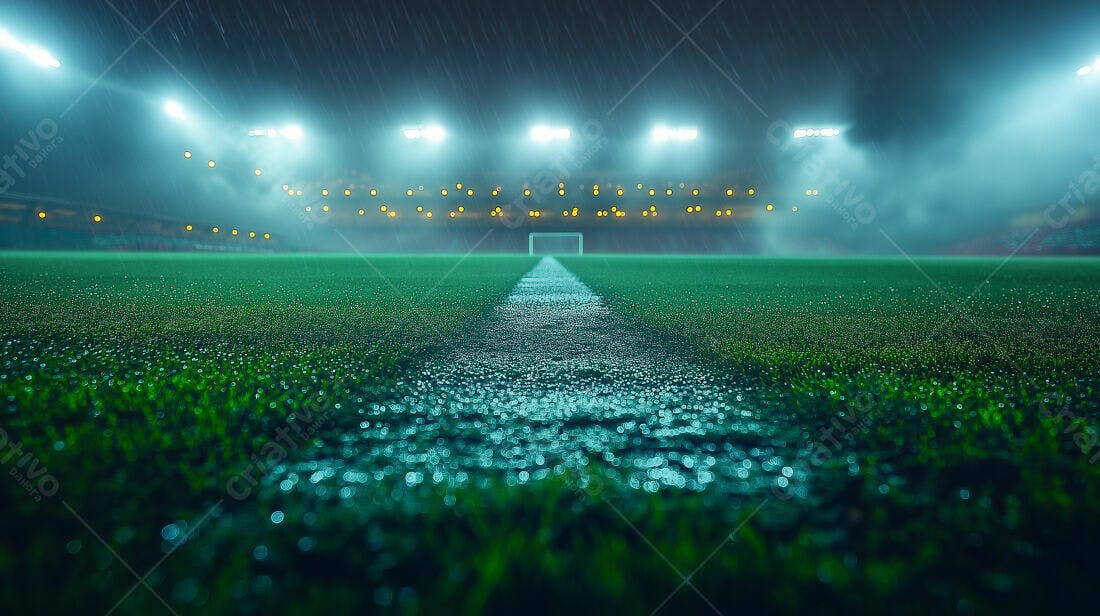 Campo de futebol sob chuva noturna