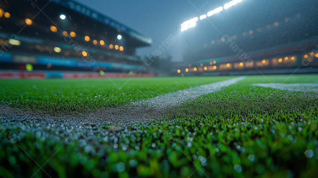 Campo de futebol sob chuva noturna